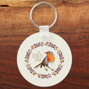 Robin Botanical vintage Flowers for bird lover Keychain