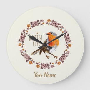Robin Botanical vintage Flowers for bird lover Large Clock