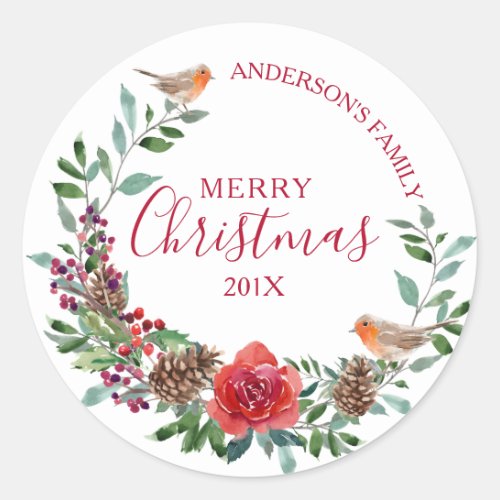 Robin  Christmas flowers  holly wreath Classic Round Sticker