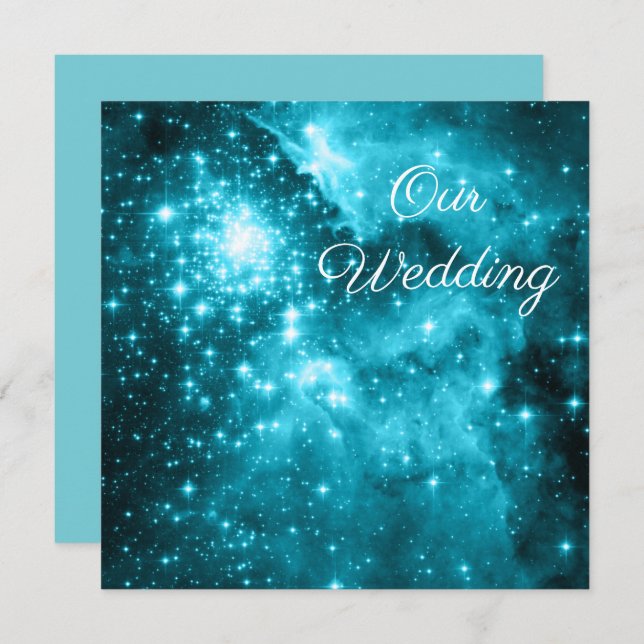 Robin Egg Blue and Aqua Stars Celestial Wedding Invitation (Front/Back)