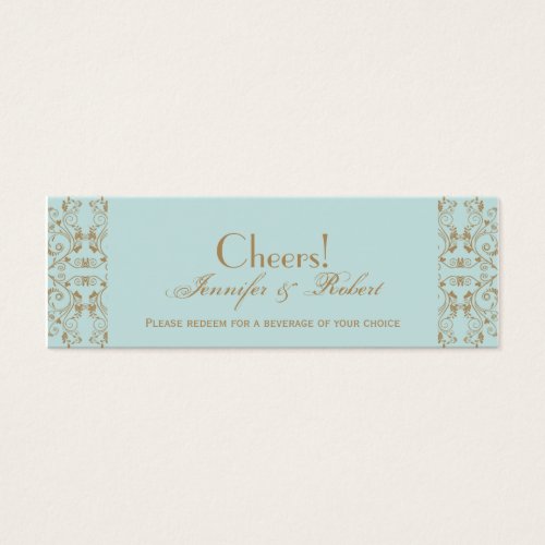 Robin Egg Blue Brown Damask Wedding Drink Ticket Business Card