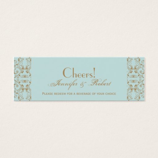Customizable Robin Egg Blue Brown Damask Wedding Drink Ticket Business Card