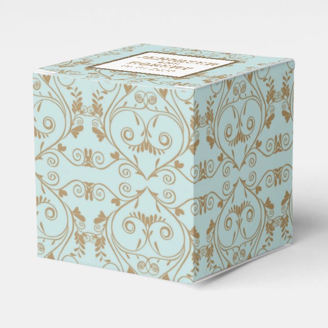 Robin Egg Blue and Gold Damask Wedding Favor Boxes (Front Side)