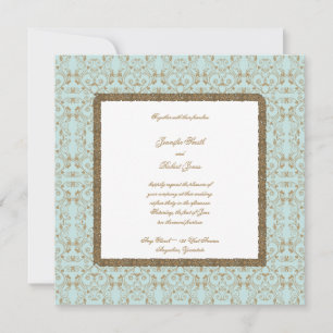 Robin Egg Blue and Gold Damask Wedding Invitations