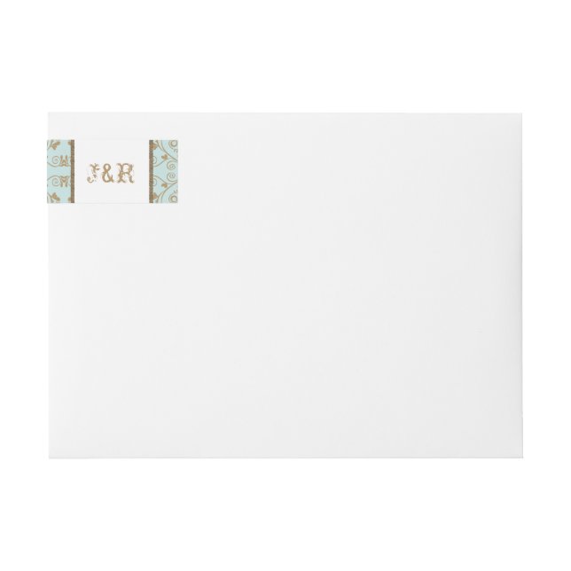 Robin Egg Blue and Gold Damask Wedding Wrap Around Label (Front)