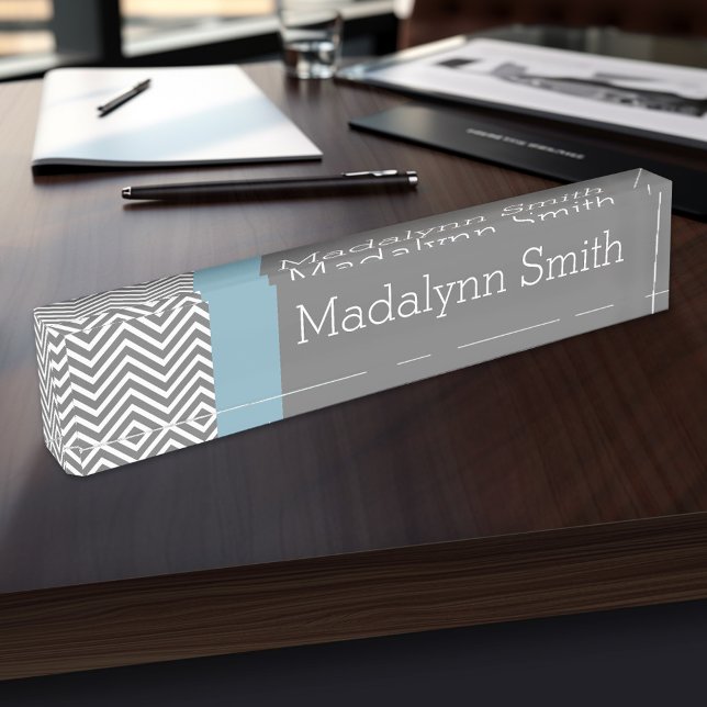 Robin Egg Blue and Gray Chevrons Custom Name Desk Name Plate (Personalized Name Plate for the Office, School or Home)