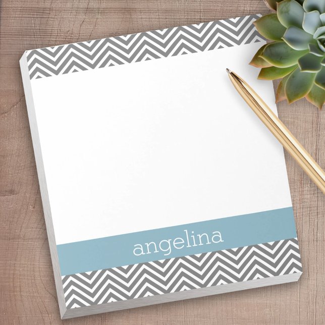 Robin Egg Blue and Gray Chevrons Custom Name Notepad (Personalized notepad - great for a gift or your home office)