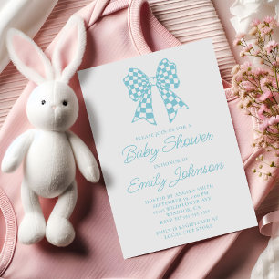 Robin Egg Blue and White Checker Bow Baby Shower Invitation