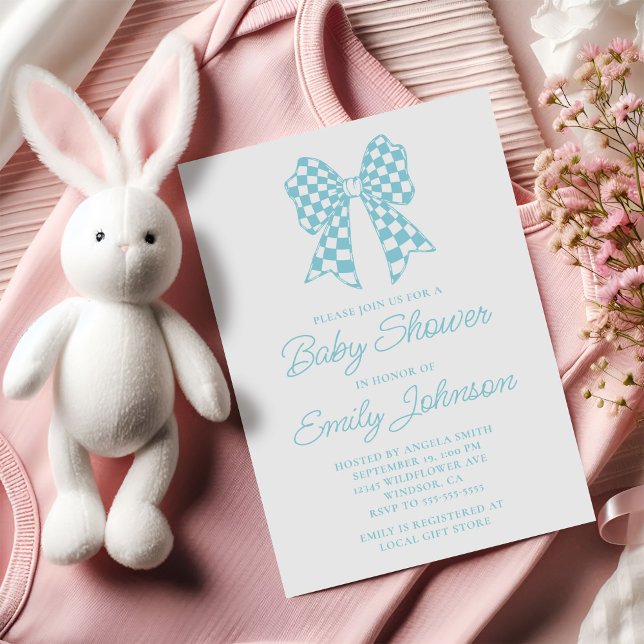 Robin Egg Blue and White Checker Bow Baby Shower Invitation (Robin Egg Blue and White Checker Bow Baby Shower Invitation)