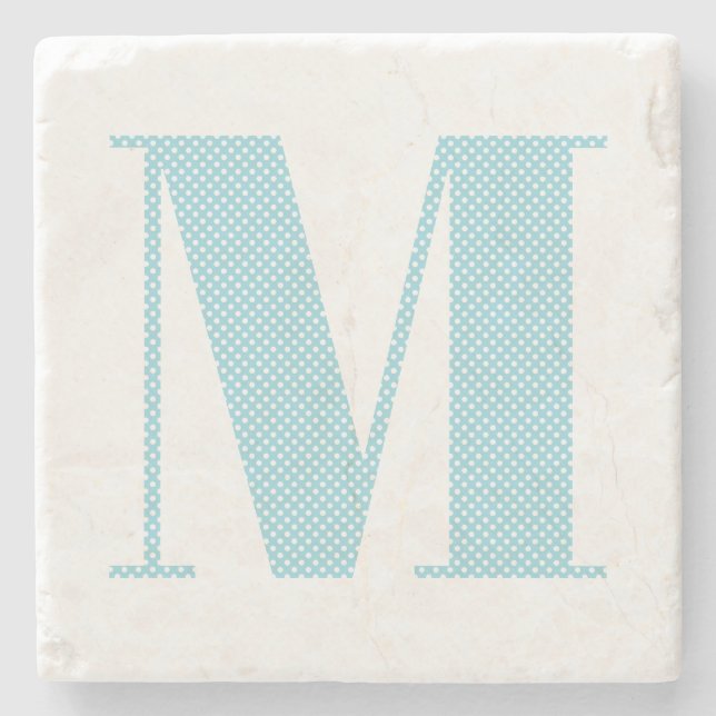 Robin Egg Blue and White Polka Dot Monogram Stone Coaster (Front)
