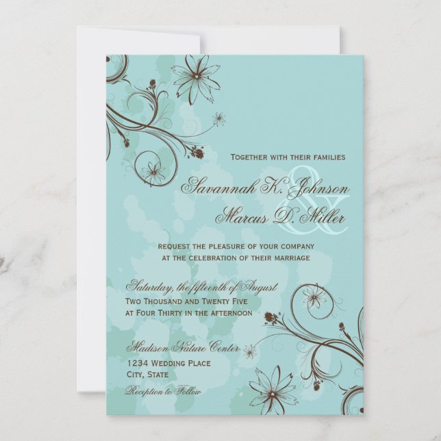 Robin Egg Blue Brown Floral Wedding Invitations (Front)