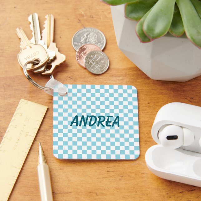 Robin Egg Blue Checkerboard Photo Keychain (Desk)