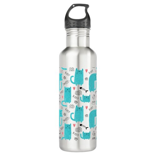 Robin Egg Blue Cute Cat Pattern Stainless Steel Water Bottle