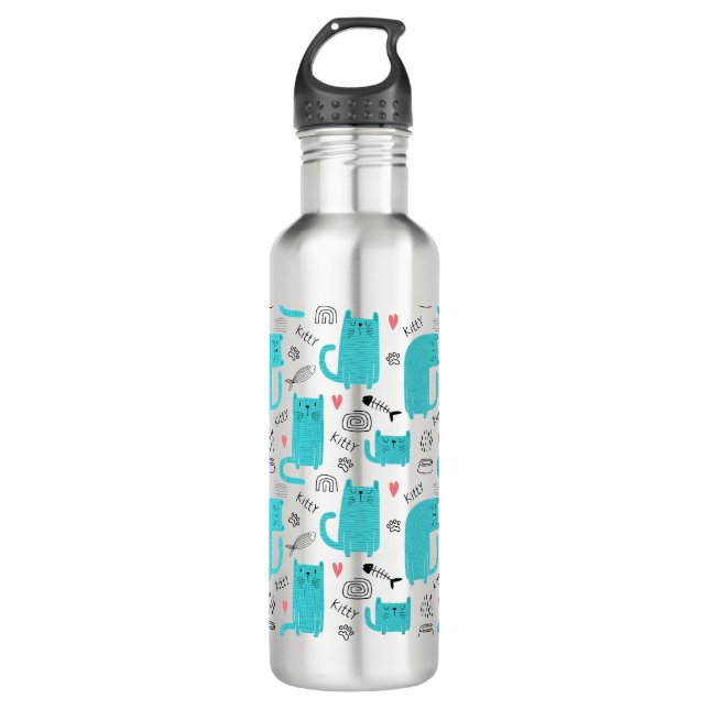 Robin Egg Blue Cute Cat Pattern Stainless Steel Water Bottle (Front)