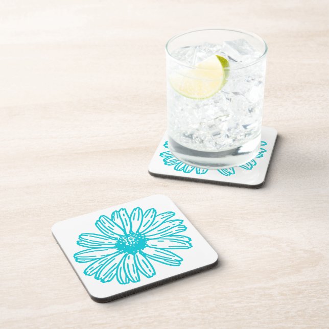 Robin Egg Blue Daisy Print, Hippie Flowers Pattern Beverage Coaster (Right Side)