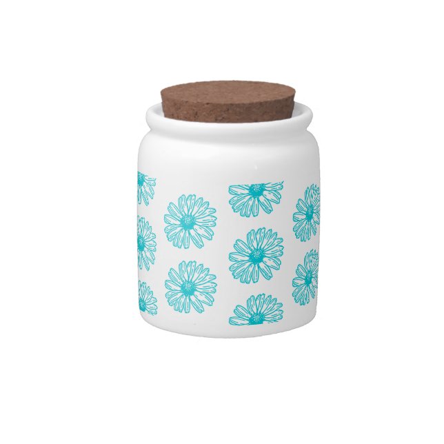 Robin Egg Blue Daisy Print, Hippie Flowers Pattern Candy Jar (Front)