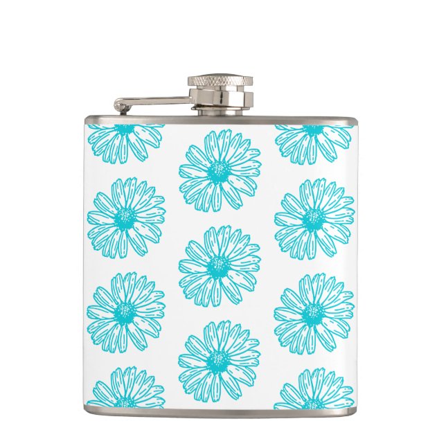 Robin Egg Blue Daisy Print, Hippie Flowers Pattern Flask (Front)