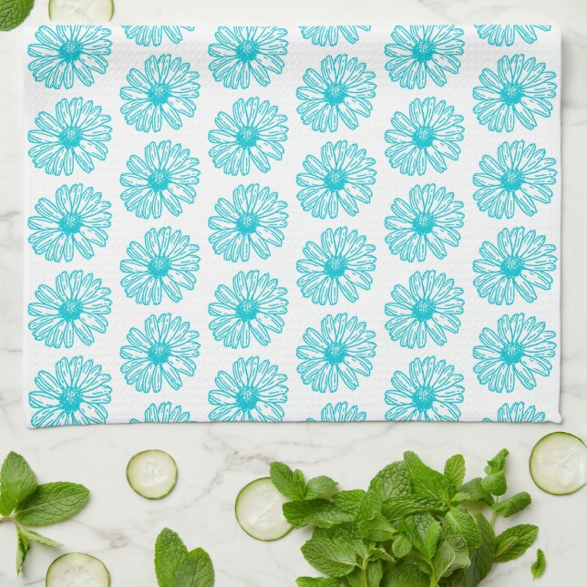 Robin Egg Blue Daisy Print, Hippie Flowers Pattern Kitchen Towel (Folded)