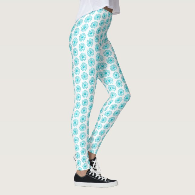 Robin Egg Blue Daisy Print, Hippie Flowers Pattern Leggings (Right)