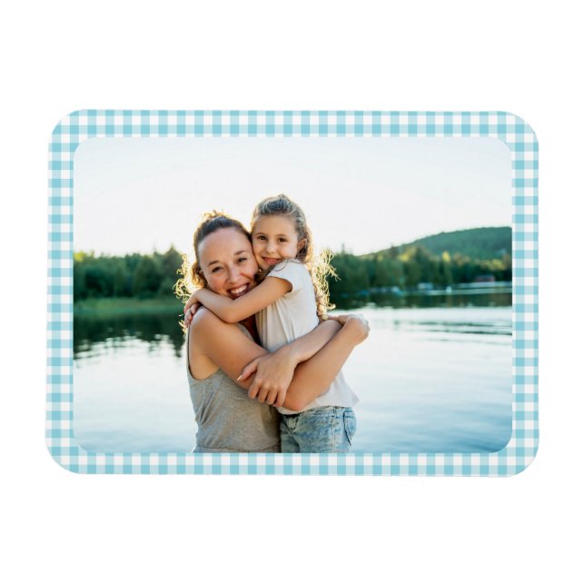 Robin Egg Blue Gingham Plaid Family Photo Magnet (Horizontal)