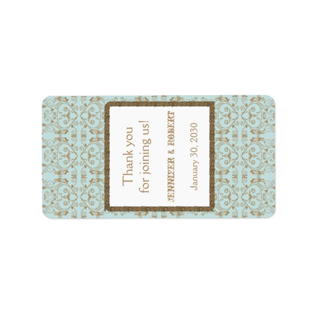 Robin Egg Blue Gold Damask Wedding Lip Balm Label (Front)