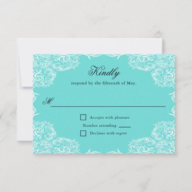 Robin Egg Blue Lace Frame Gray Wedding RSVP Card (Front)