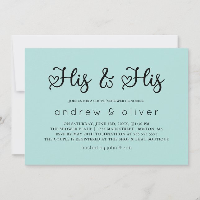 Robin Egg Blue Minimal His & His Couple's Shower Invitation (Front)