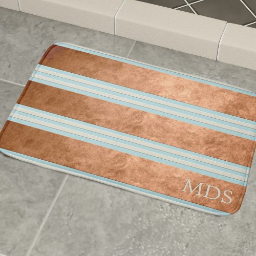 Robin Egg Blue Modern Monogram Copper Stripes Bathroom Mat