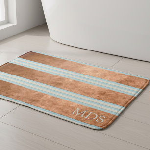 Robin Egg Blue Monogram Copper Striped Bath Mat