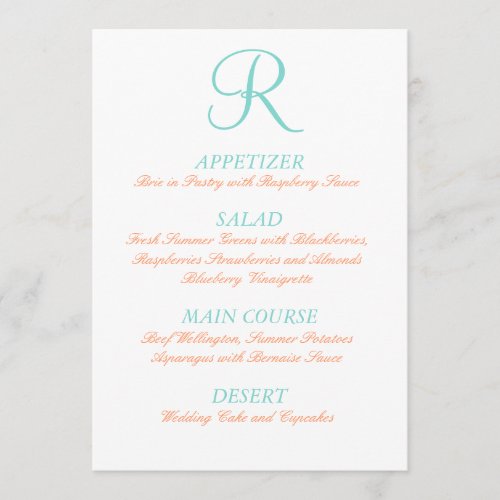 Robin Egg Blue Orange Wedding Menu Simple Initial