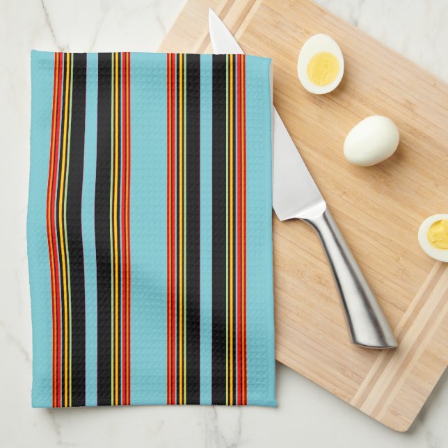 Robin Egg Blue Red Yellow Black Stripes  Kitchen Towel (Quarter Fold)