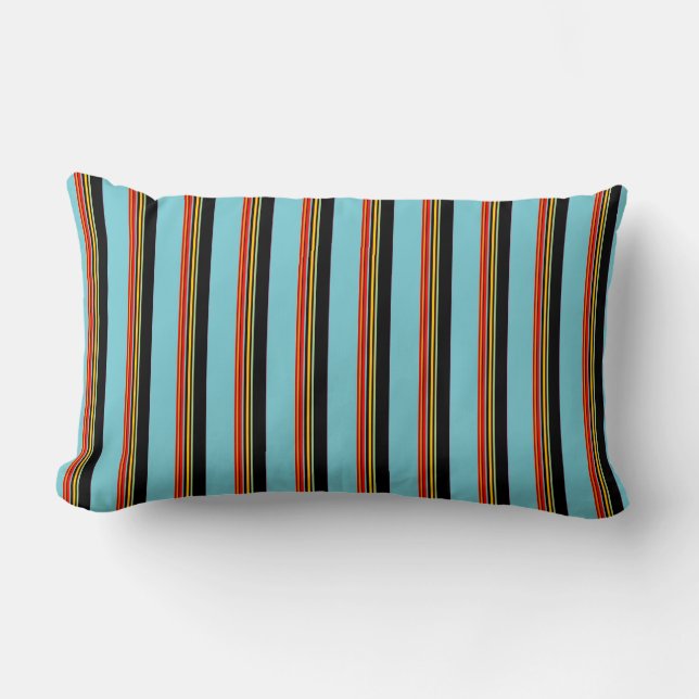 Robin Egg Blue Red Yellow Black Stripes Lumbar Pillow (Front)