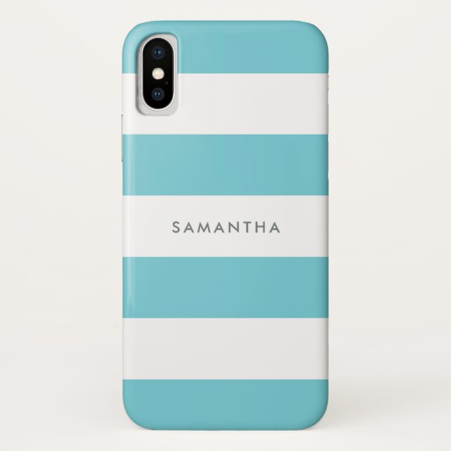 Robin Egg Blue Rugby Stripes with Name Case-Mate iPhone Case (Back)