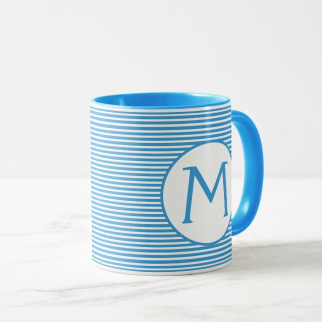 Robin Egg Blue Stripe Monogram Mug (Front Right)