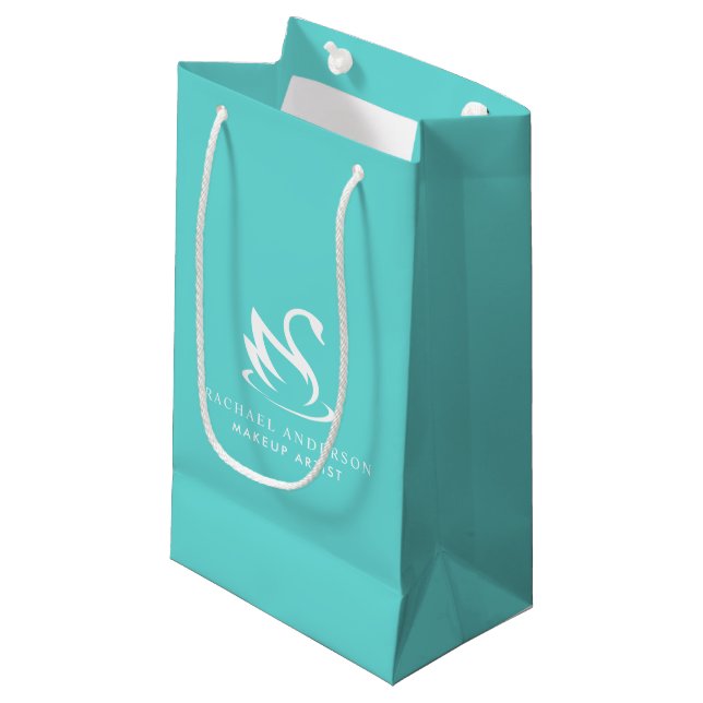 Robin Egg Blue Swan Logo with Name Small Gift Bag (Front Angled)