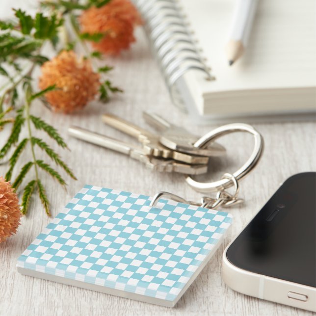 Robin Egg Blue with White Square Pattern Acrylic Keychain (Front Right)