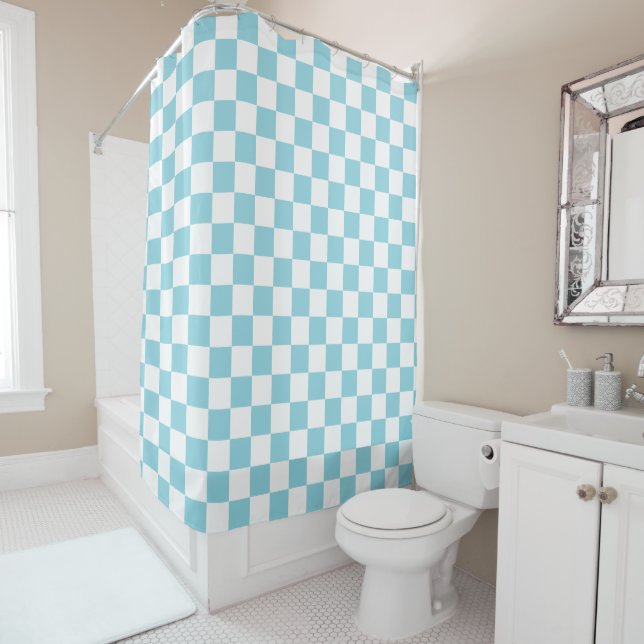 Robin Egg Blue with White Square Pattern Shower Curtain (In Situ)
