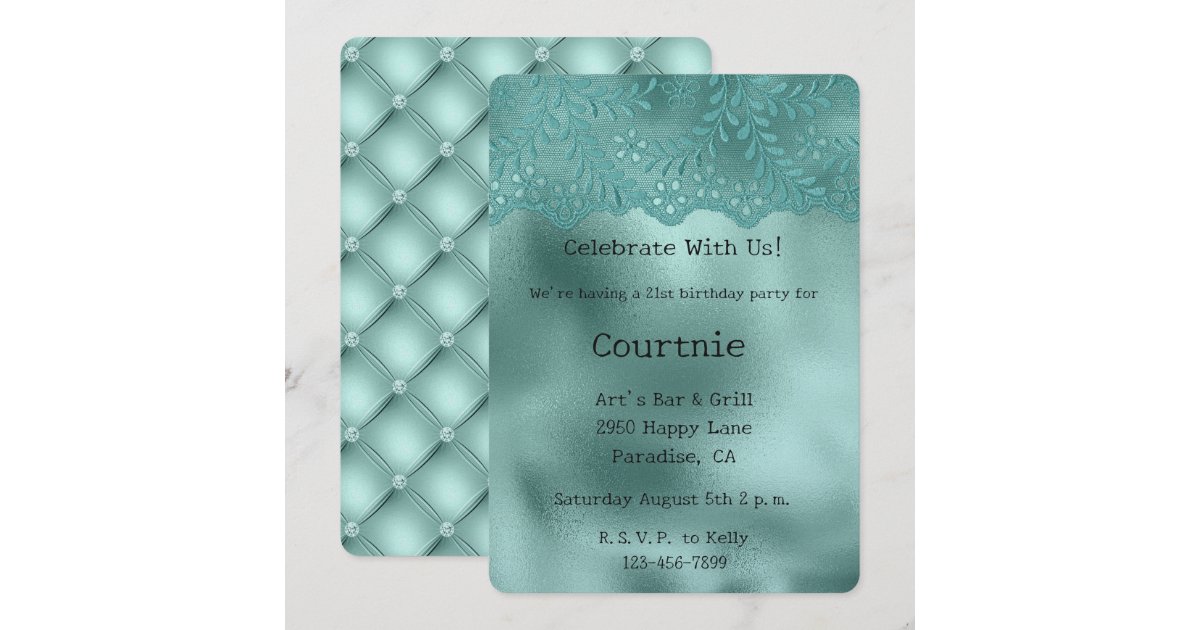 Robin Egg Green Lace and Diamonds Birthday Invitation | Zazzle