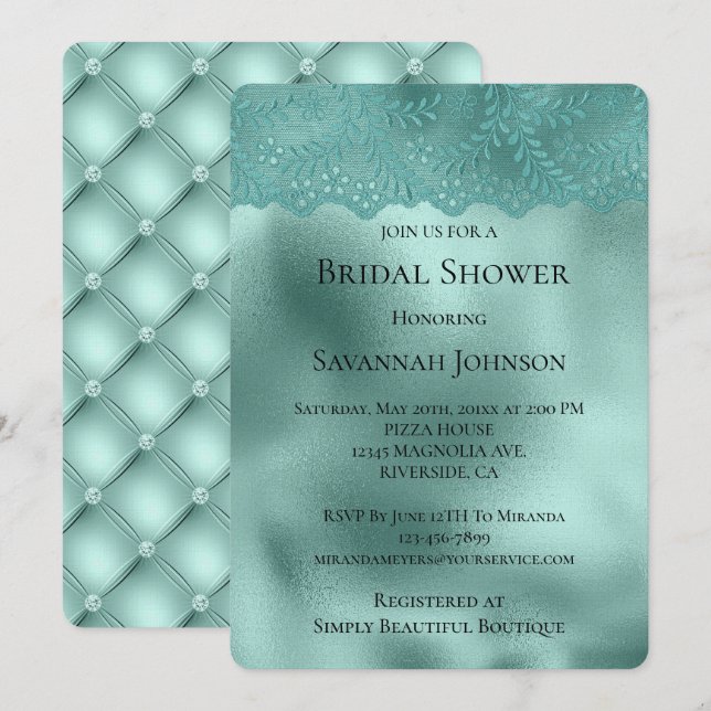 Robin Egg Green Lace and Diamonds Bridal Shower Invitation (Front/Back)