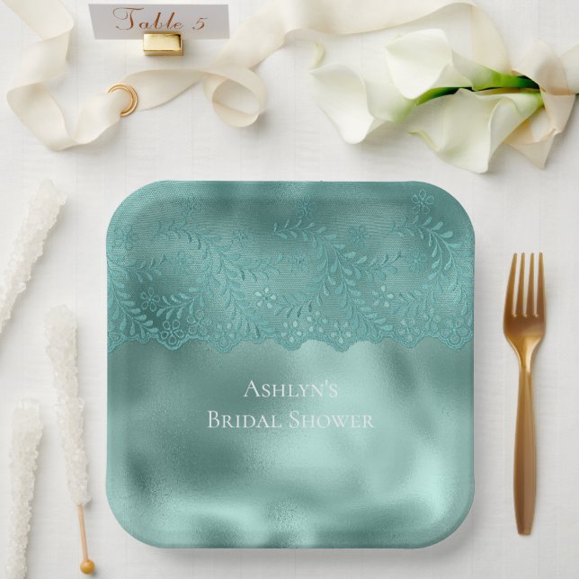 Robin Egg Green Lace Bridal Shower Paper Plates (Wedding)