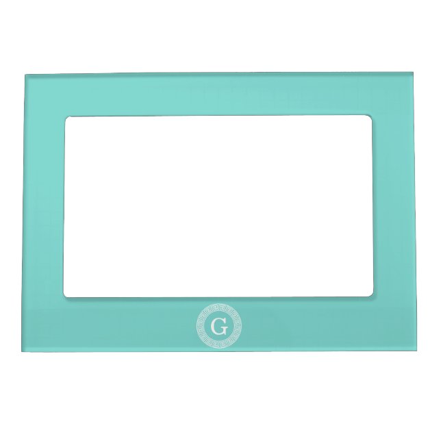 Robin Egg Wht Greek Key Rnd Frame Initial Monogram (Front)