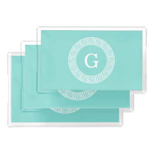 Robin Egg Wht Greek Key Rnd Frame Initial Monogram Acrylic Tray