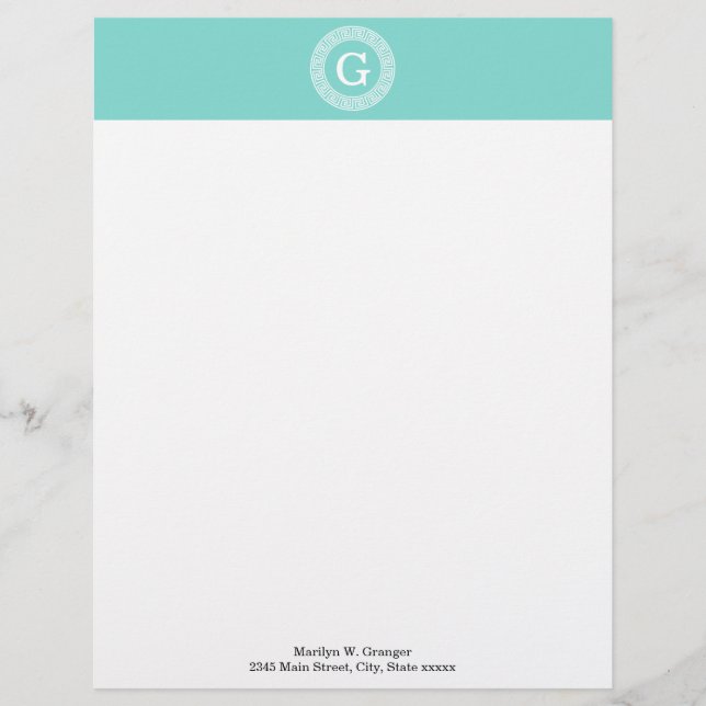Robin Egg Wht Greek Key Rnd Frame Initial Monogram Letterhead (Front)
