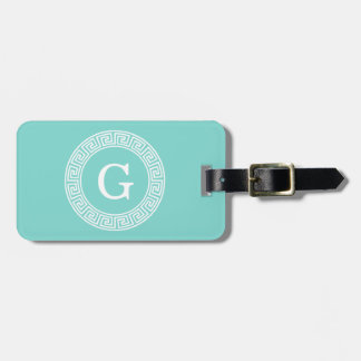 Robin Egg Wht Greek Key Rnd Frame Initial Monogram Luggage Tag