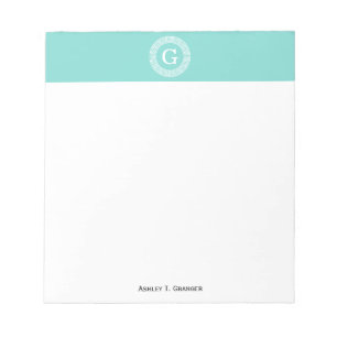 Robin Egg Wht Greek Key Rnd Frame Initial Monogram Notepad