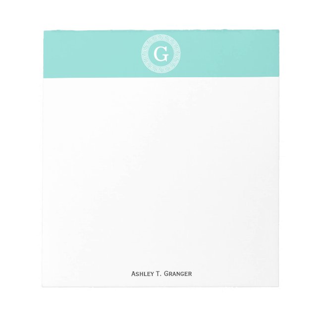 Robin Egg Wht Greek Key Rnd Frame Initial Monogram Notepad (Front)