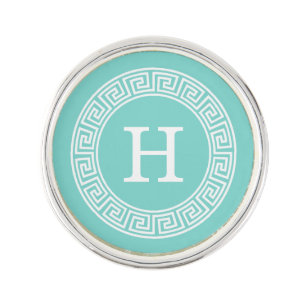 Robin Egg Wht Greek Key Rnd Frame Initial Monogram Pin
