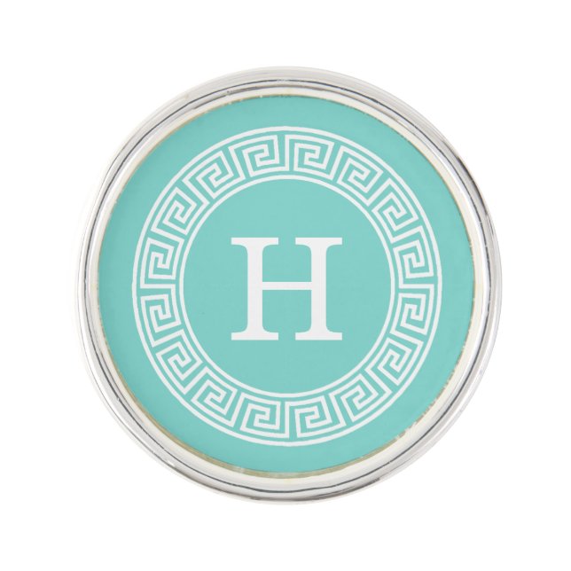 Robin Egg Wht Greek Key Rnd Frame Initial Monogram Pin (Front)