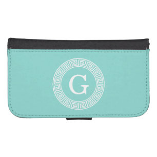 Robin Egg Wht Greek Key Rnd Frame Initial Monogram Galaxy S4 Wallet Case