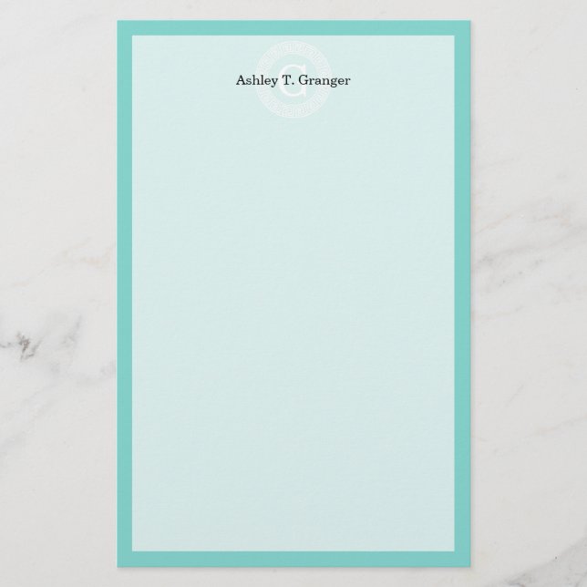 Robin Egg Wht Greek Key Rnd Frame Initial Monogram Stationery (Front)